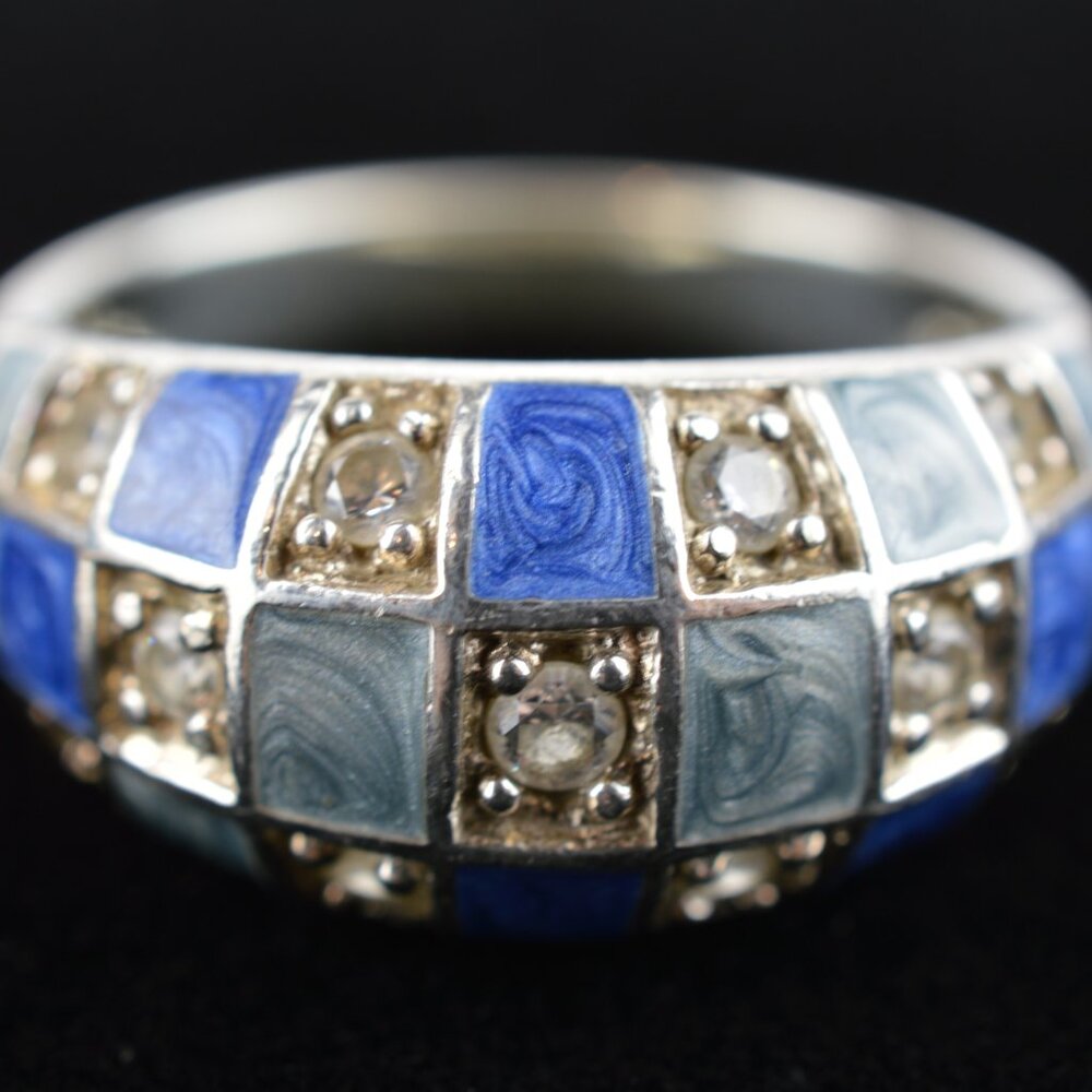 Sterling Silver Ross-Simons Italian Blue Enamel & White Topaz Ring 925 Size 7.5